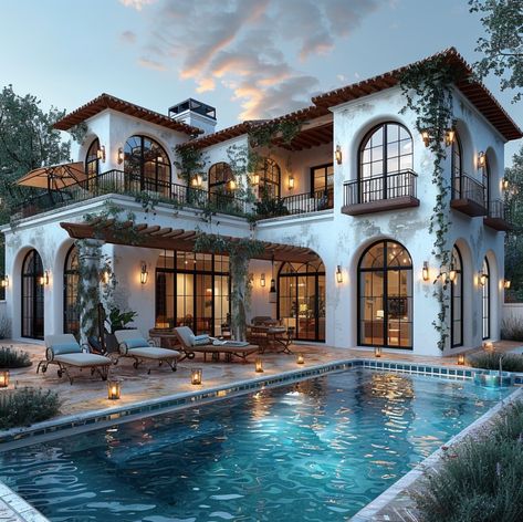 Spanish Facade, Two Story Villa, Spanish Villa Home, Adobe Homes, Mediterranean Homes Exterior, Villa Exterior, Mediterranean Revival, French Houses, Spanish Villa