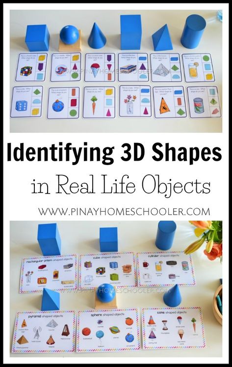 Identifying 3D shapes in real life objects  #shapes #math #preschool #kindergarten #montessori Montessori Shape Activities, Geometry Kindergarten, Math For Preschoolers, Montessori Geometry, 3d Shapes Kindergarten, Shapes Math, Shape Activities Kindergarten, Kindergarten Montessori, 3 D Shapes