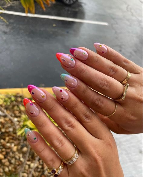 Colored French Nails, Tip Manicure, French Tip Manicure, April Nails, La Nails, Almond Acrylic Nails, Shellac Nails, Summer Acrylic Nails, Gem Nails