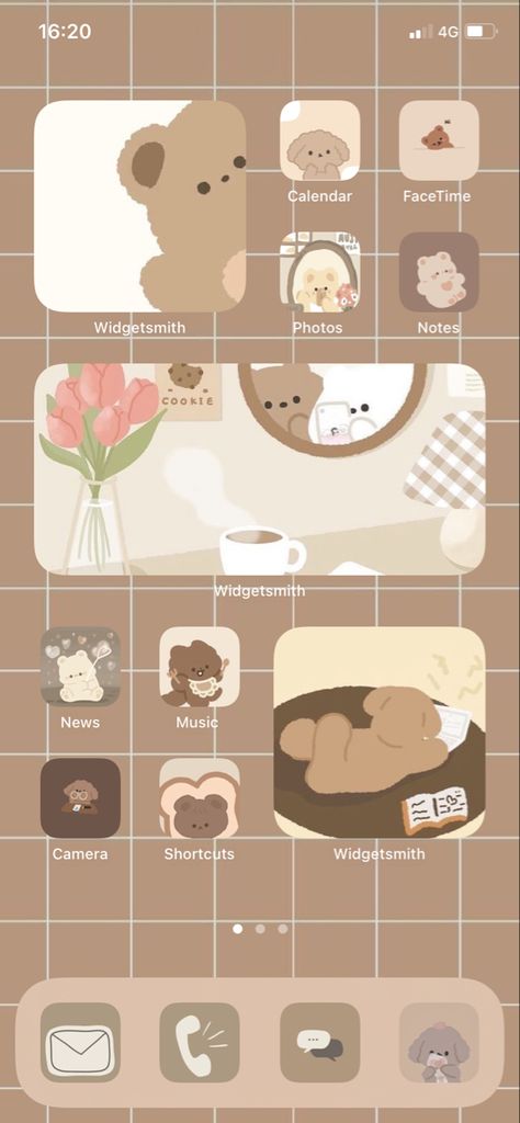 Cute Home Screen Ideas Iphone, Bear Beige Aesthetic, Bear Homescreen Layout, Bear Iphone Layout, Teddy Bear Homescreen, Miffy Iphone Layout, Kawaii Homescreen Layout, Bear Phone Theme, Home Screen Icons Aesthetic