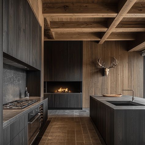 Mountain House Interior Design, Modern Lodge Kitchen, Masculine House, Modern Cabin Kitchen, Masculine Kitchen, Mountain House Interior, Chalet Kitchen, Mountain Kitchen, Modern Wooden House