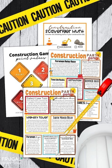 Your kids will love these fun construction themed party games. These construction birthday party games for kids include both traditional and unique ideas including Safety Cone Ring Toss, Wheelbarrow Race, Demolition and many others! Download your construction party printable set today! #FrugalCouponLiving Construction Birthday Party Games, Wheelbarrow Race, Construction Party Games, Construction Party Ideas, Classroom Party Games, Party Points, Party Games For Kids, Construction Theme Birthday Party, Office Party Games