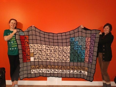 Crocheted periodic table blanket Crochet Periodic Table, Table Blanket, Table Quilts, Crochet Patterns Ideas, Crochet Macrame, Needle Tatting, Beginner Crochet Projects, Make Stuff, Beginner Crochet