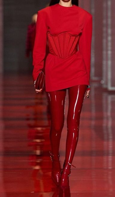 Dark Red Fashion Aesthetic, Cherry Red Fashion 2023, Red Outfit Runway, Red Runway Fashion, Red And Black Haute Couture, Cherry Lacquer, Red Mugler Dress, Red Monochromatic, Red And Black Runway Dress