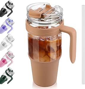 40 oz Glass Tumbler with Handle, Leak-proof Flip Straw, Reusable Glass Tumbler with Straw and Lid, Iced Coffee Cup with Plastic Lid, Glass Water Bottles Fit in Cup Holder,Smoothie Cup Boba Cup Cheryl Cochran, Glass Tumbler With Straw, Glass Water Bottles, Smoothie Cup, Bamboo Top, Anniversary Ideas, Iced Coffee Cup, Design Principles, Tumbler With Handle