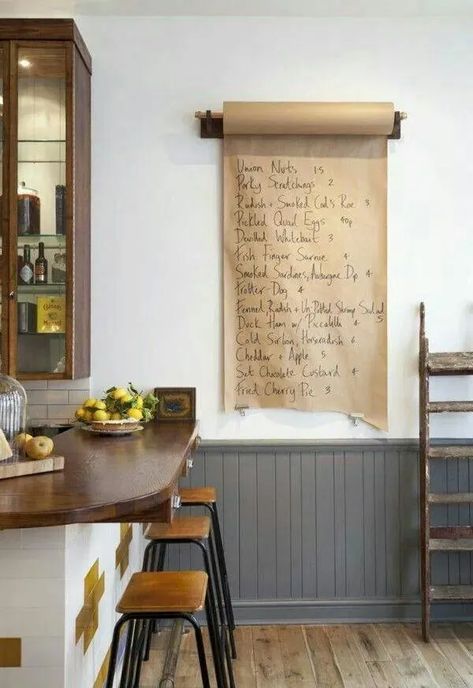 25 Charming Farmhouse Kitchen Decor Ideas | Decor Home Ideas Kitchen Blank Wall Ideas, Painting Wainscoting, Kitchen Blank Wall, Modern Spanish Decor, Ikea Wall Art, Blank Wall Ideas, Wood Bar Top, Big Blank Wall, Wainscoting Ideas