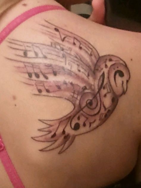 My owl/music tattoo. My two favorite things mixed to make one. Music Bird Tattoos, Bird Tattoo Collarbone, Tattoo Collarbone, Tattoos For Her, Bird Tattoos Arm, Music Bird, Freedom Bird, Wiccan Tattoos, Tattoo Music