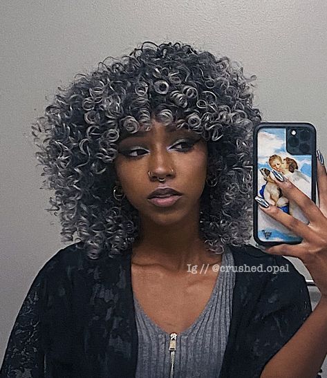 Grey And Black Curly Hair, Grey Hair Dye Black Women, Silver Hair Highlights On Curly Hair, Dyed Hair Silver, Grey Curly Hair Black Women, Dark Grey Curly Hair, Curly Hair Silver Highlights, Silver Curly Hair Black Women, Curly Hair With Silver Highlights