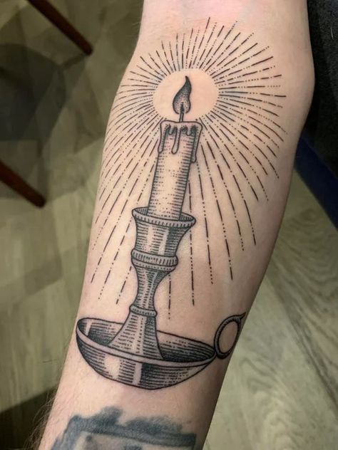 Candlestick Tattoo, Candle Tattoo Design, Black And Gray Tattoos, Trippy Tattoo, Etching Tattoo, Woodcut Tattoo, Medieval Tattoo, Engraving Tattoo, Candle Tattoo