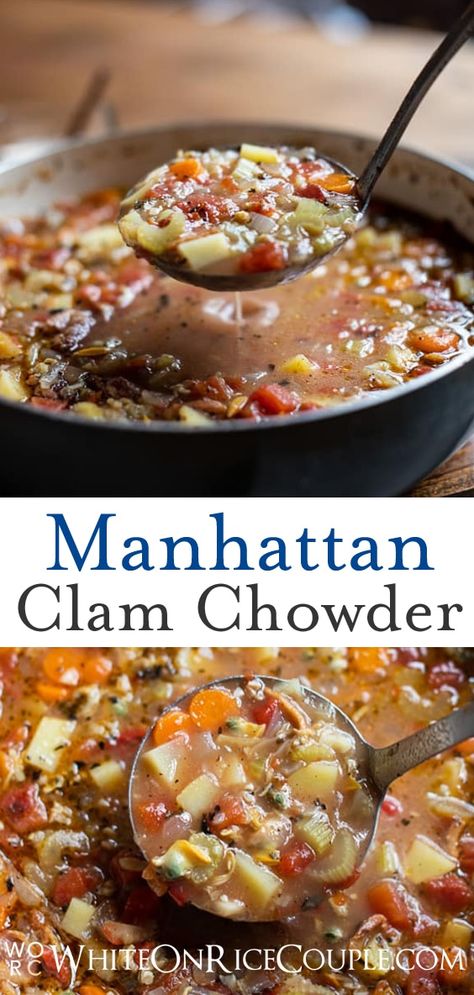 Best Manhattan Clam Chowder Recipe | WhiteOnRiceCouple.com Manhattan Clam Chowder Recipe Best, Manhattan Clam Chowder Recipe, Clam Soup, Cream Based Soups, Manhattan Clam Chowder, Clam Chowder Recipe, New England Clam Chowder, Recipe Tomato, Fish Chowder