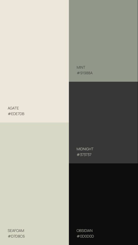 Cool Natural Color Palette, Black White Green Color Scheme, Muted Sage Color Palette, Soft Black Color Palette, Green Grey Beige Palette, Green Charcoal Color Palette, Green Aesthetic Colour Palette, Sage Palette Colour Schemes, Minimalist Colors Palette