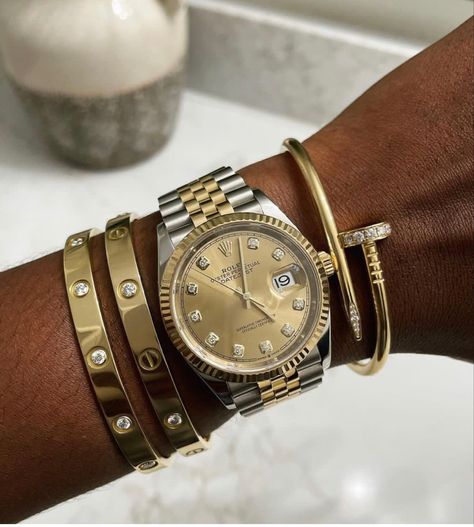 Rolex Black Women, Gold Rolex Aesthetic, Rolex And Cartier Bracelet, Women’s Rolex Stack, Woman’s Rolex Watch, Gold Rolex Women Aesthetic, Cartier Watch Black Women, All Gold Rolex Women, Women’s Rolex Aesthetic