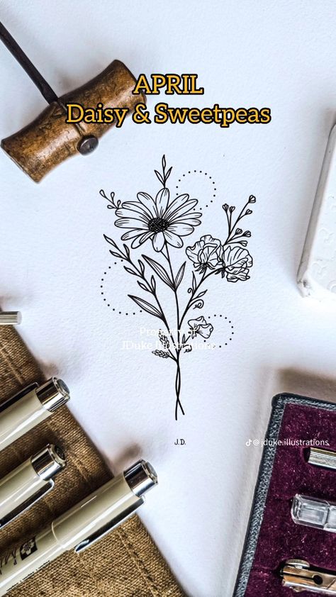 Daisy And Sweat Pea Tattoo, Daisy Sweet Pea Tattoo, Daisy Fine Line Tattoo, Daisy And Sweet Pea Tattoo, Sweat Pea Tattoo, Nana Tattoo, Sweet Pea Tattoo, Jordan Tattoo, Leopard Print Tattoos