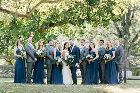 Slate Blue Bridesmaid Dresses, Blue Groomsmen Suits, Outdoor Bridesmaid Dresses, Gray Groomsmen Suits, Groomsmen Grey, Navy Blue Bridesmaids, Navy Blue Bridesmaid Dresses, Champagne Bridesmaid Dresses, Outdoor Fall Wedding