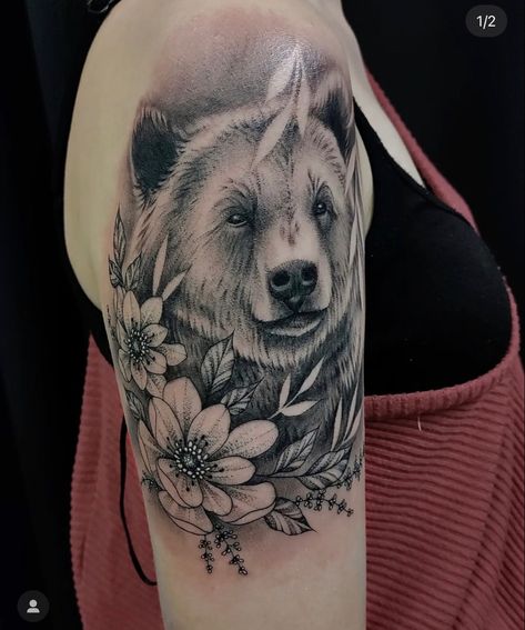 Bear Tattoo Mandala, Bear And Sunflower Tattoo, Mama Bear Paw Tattoo, Bear Tattoos With Flowers, Mumma Bear Tattoo, Female Bear Tattoo, Brown Bear Tattoo For Women, Bear Floral Tattoo, Black Bear Tattoo Women