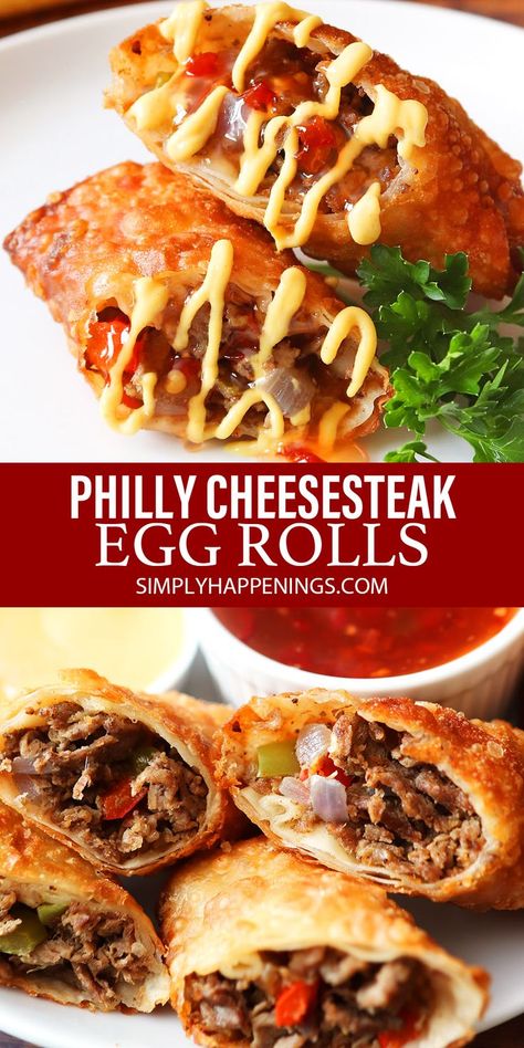 Philly Cheesesteak Egg Rolls Philly Cheese Steak Egg Rolls Dipping Sauces, Cheesesteak Eggrolls Sauce, Steak Cheese Egg Rolls, Philly Cheese Steak Egg Rolls Recipes, Philly Cheese Steak Egg Rolls Sauce, Philly Cheese Egg Rolls Recipe, Philly Cheese Steak Appetizer, Unique Egg Roll Recipes, Philly Steak Egg Rolls