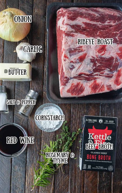 All the ingredients needed for this ribeye roast. None In Ribeye Roast, Christmas Ribeye Roast, Whole Ribeye Recipes, Roasted Ribeye Roast, Cooking A Ribeye Roast, Rib Eye Roast Bone In Recipes, Bone In Ribeye Roast Recipes Ovens, Ribeye Loin Recipe, Beef Ribeye Roast Recipe Bone In Oven