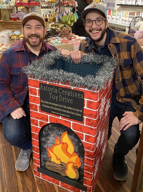 Holiday Fireplace Toy Drive Donation Box DIY – Crafty Lumberjacks Donation Box Ideas Diy Christmas, Toys For Tots Box Ideas, Christmas Food Drive Box Ideas, Donation Drop Box Ideas, Toy Drive Box Ideas Christmas, Christmas Donation Box Ideas, Toy Drive Box Ideas, Toy Drive Ideas, Holiday Donation Box Ideas