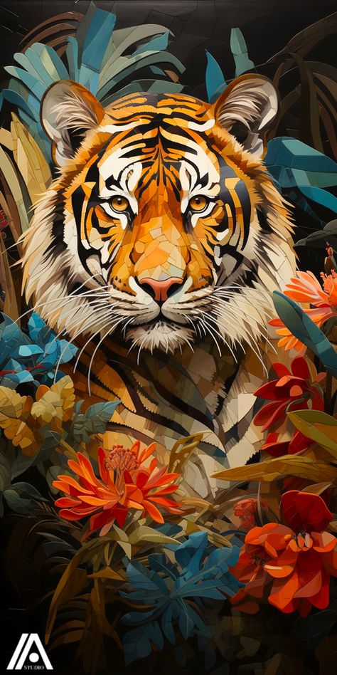 Tiger Illustration Design, Tiger Digital Art, Tiger In Jungle, Patchwork Collage, Art Tigre, Surfboard Painting, Mural Art Design, Tiger Artwork, Tiger Poster