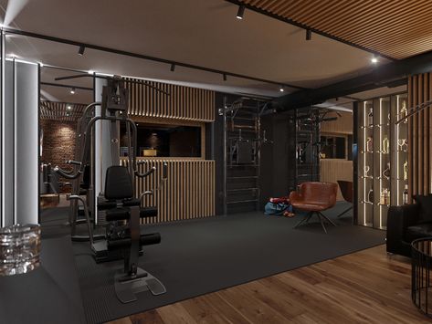 Gym in private house on Behance Small Home Gym Ideas, Home Gym Basement, Dream Home Gym, Gym Design Interior, Small Home Gym, House Gym, A Single Man, Luxury Gym, Luxurious Apartment