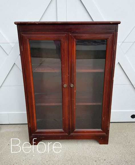 Hello, amazing friends, and welcome to our monthly Furniture Fixer Upper day! My piece for today is a really cool vintage cabinet with glass doors. I redo furniture often, but it's even more fun when I get to do it with friends. Look for their projects at the bottom! Here is how today's cabinet started: Display Cabinet Upcycle Ideas, Removing Glass Doors From China Cabinet, Refinished Glass Cabinet, Refurbished Display Cabinet, Painted Display Cabinet Glass Doors, Vintage Cupboard Makeover, Antique Bookcase Makeover, Refurbished Glass Cabinet, Upcycle Curio Cabinet