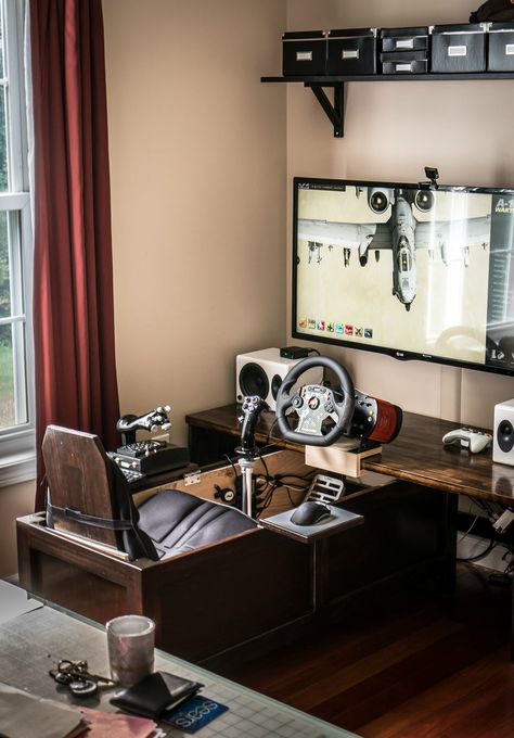 oh, this!  my dh's dream game cockpit...called the flying coffin, lol Game Room Design Ideas, Gaming Desk Setup, Video Game Rooms, Gaming Room Setup, Room Design Ideas, Gamer Room, Video Game Room, Gaming Decor, Car Steering Wheel