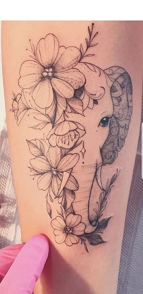 Elephant Flower Tattoo, Elephant With Flowers, Elephant Thigh Tattoo, Elephant Family Tattoo, Mandala Elephant Tattoo, Tats Ideas, Elephant Tattoo Design, Mommy Tattoos, Hip Tattoos Women