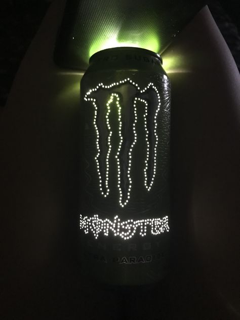 you can try making this by using a safety pin to poke the holes and after you're done with that, stick fairy lights in the can and you're done! Monster Can Light Holes, Monster Light Can, Monster Energy Diy, Monster Light, Monster Cans Diy, Energy Monster, Stick Fairy, Punk Room, Cute Fox Drawing