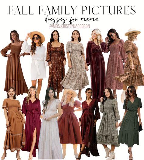 Fall dresses, fall family pictuee dresses, fall family photo dresses, fall clothes, women’s fall clothes Fall Dresses Photoshoot, Women’s Fall Outfits For Pictures, Fall Theme Outfits For Pictures, Fall Dress For Pictures, Fall Family Photos Jewel Tones, Family Photos Dress Mom, Best Dresses For Family Photos, Womens Fall Photoshoot Dress, Fall Color Dress