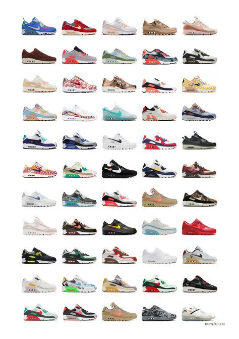 NIKE AirMax 90. 70 colourway poster, trainer sneaker collection, Downloadable. Airmax 90 Outfit, 90s Shoes Sneakers, Retro Nike Shoes, Airmax 90s, Modern Shoe Storage, Shoe Storage Design, Nike 97, Shoes Trending, Nike Air Max 90s