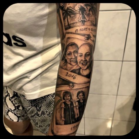 Made by Collage Boyfriend Portrait Tattoo, Grandma Portrait Tattoo, Family Portrait Tattoo Ideas, Micro Portrait Tattoo, Portraits Tattoo Ideas, Portrait Tattoo Placement, Portrait Tattoo Ideas, Portrait Tattoo Sleeve, Shoulder Sleeve Tattoos