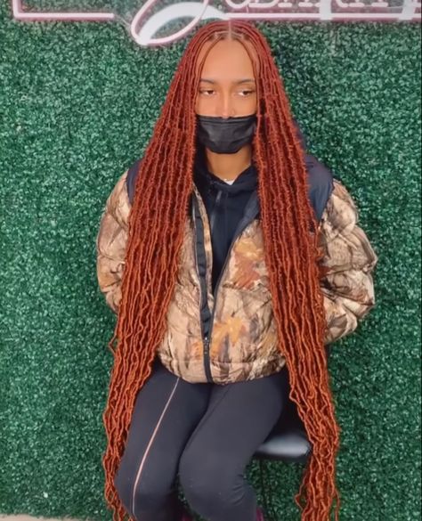 #ginger #fauxlocs #blackgirlgingerhair Locs Hairstyles For Women Ginger, Ginger Hair Black Women Faux Locs, Soft Locs Ginger Color, Soft Locs Orange, Burnt Orange Soft Locs, Orange Faux Locs Black Women, Ginger Softlocs, Ginger Faux Locs With Curls, Ginger Fox Locs