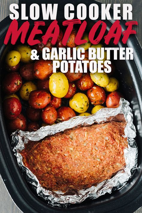 This slow cooker meatloaf with garlic butter potatoes is such a quick and easy recipe! Just mix, throw it in the crock pot and forget about it until dinner time! Top it off with the best brown sugar sauce and it's a meal you're going to want again and again! #slowcooker #meatloaf #garlicbutter #potatoes via @heatherlikesfood Garlic Butter Potatoes, Brown Sugar Sauce, Meatloaf Recipes Healthy, Crockpot Meatloaf, Slow Cooker Meatloaf, Butter Potatoes, Crockpot Beef, Meatloaf Recipe, Crock Pot Slow Cooker