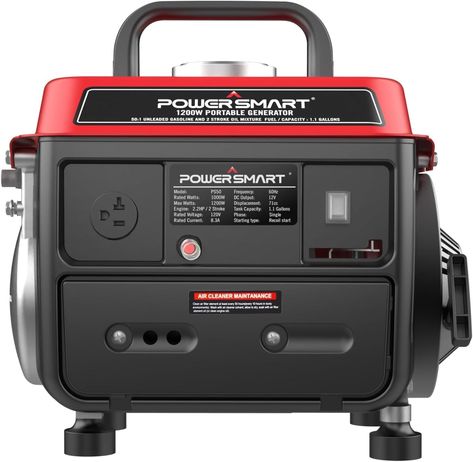 PRICES MAY VARY. 1200Peak Watts, 900 Running Watts portable generator. The 71cc 2-stroke engine includes a single-cylinder forced air cooling system, easy to recoil start. Equipped with one 120V 20A 5-20R household outlet and one 12V DC plug, the small generator is perfect for powering tools and other smaller appliances, 12v battery charging ready. Porrtable Generator for camping with small handle and super quilet, ultral light, comact design, suitable for outdoor camping Weight of 37.8 lbs and Gas Powered Generator, Small Generators, Air Cooling System, Dual Fuel Generator, Portable Generator, Generator House, Gas Generator, Power Generator, Solar Generator