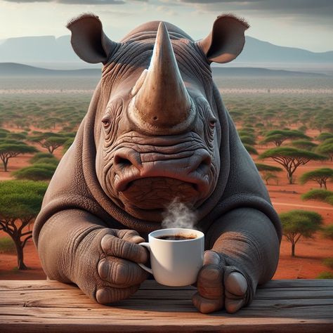 Badak Jawa, Rhino Cartoon, Surrealism Paintings, Good Morning Gifs, Bad Morning, Morning Gifs, Funny Characters, I Need Coffee, Coffee First