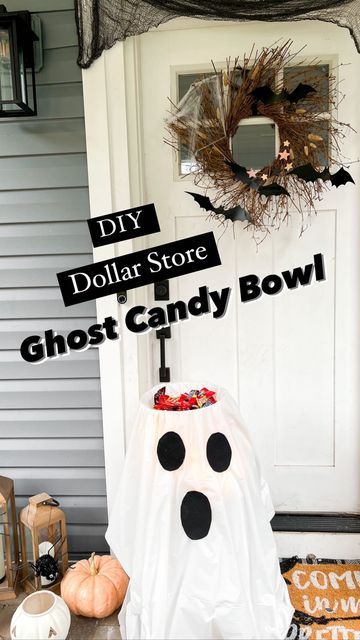 Diy Standing Halloween Candy Bowl, Halloween Candy Outside Ideas, Fun Ways To Hand Out Halloween Candy, Trick Or Treat Bowl Ideas, Halloween Candy Table Ideas Outside, Halloween Front Porch Candy Bowl, Dollar Tree Halloween Candy Bowl Diy, Halloween Candy Dish Ideas, Handing Out Candy Halloween