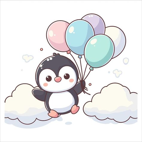 Penguin Aesthetic Drawing, Chibi Penguin Drawing, Cute Pics Animated, Cute Cartoon Clipart, Cute Cartoon Drawings Wallpaper, Cute Animal Illustration Art, Penguin Kawaii, Penguin Balloon, Cute Penguin Cartoon Drawings