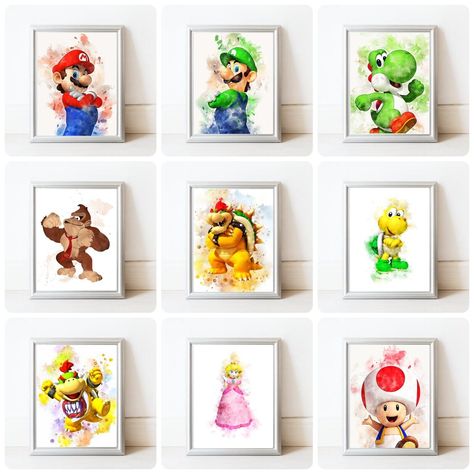 PRINTS ONLY, FRAMES NOT INCLUDED Super Mario brothers wall art prints, 4 design to choose from. The perfect addition to a gaming theme room. Printed using high quality fade resistant inks our prints also make a great gift idea. A2,A3, A4, A5 printed on glossy photo paper 230gsm giving the prints a pop of colour 8 x 10 inches printed on matte card 250gsm giving the prints a more duller look Buy 2 get 1 free, add each item to basket and checkout Any questions pop us a message we are always here to Mario Brothers Room, Arlo Bed, Super Mario Bedroom Ideas, Mario Themed Bedroom, Super Mario Bedroom, Mario Wall Art, Mario Bedroom, Super Mario Room, Mario Room