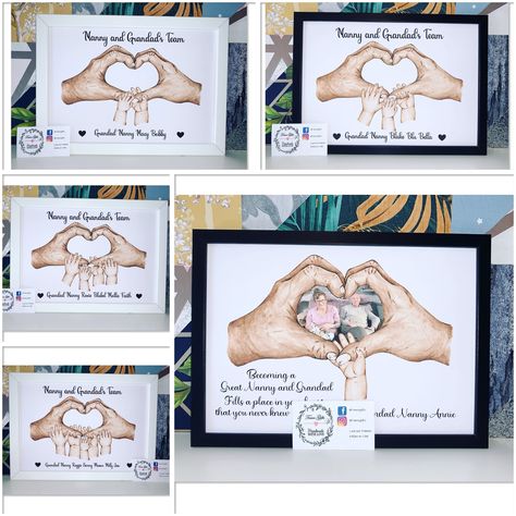 Grandparents heart hands framed prints 1-5 grandchildren available. A3 or A4 Grandparents Frame, Happy Grandparents Day, Heart Hands, Grandparents Day, Nanny, Grandchildren, Framed Prints, Canvas, Frame