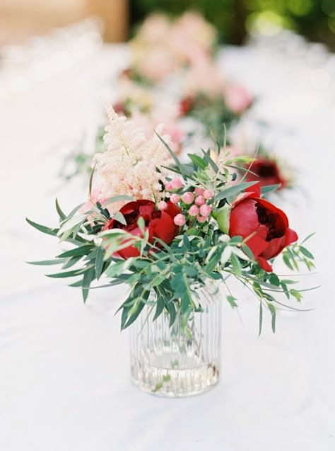 Photography: Sarah Kate   sarahkatephoto.com Floral Design: La Gardenia   fioristalagardenia.it Venue: Hotel Borgo Casabianca   www.casabianca.it/eng/index.html   View more: http://stylemepretty.com/vault/gallery/38400 Christmas Bud Vase Ideas, Bud Vases Wedding Centerpiece, Flowers Photography Peonies, Red Wedding Centerpieces, Peony Centerpiece, Red Centerpieces, Pink Peonies Bouquet, Peonies Centerpiece, Green Photography