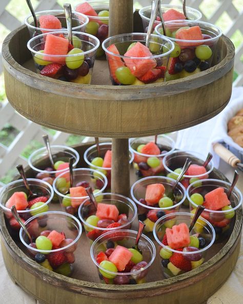 3-Tier Tray Fruit Display for Parties! Wedding Shower Fruit Tray Ideas, Wedding Shower Snacks, Fruit Display Tables, Fruit Tray Ideas, Pizza Fruit, Veggie Cups, Fruit Trays, Fruit Displays, Fiesta Tropical