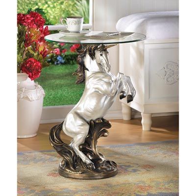 http://youtu.be/eMR7W_CMqWA Check it out. Unicorn Table, Unicorn Glass, Statue Base, Accent Table Decor, Glass End Tables, Accent Side Table, Crazy Stuff, Horse Sculpture, Glass Top Table