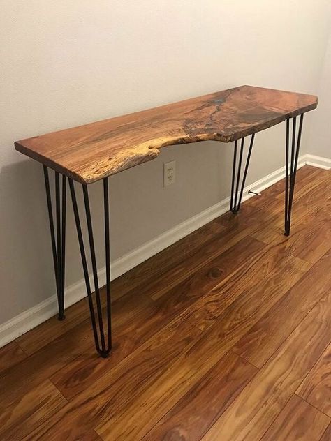 Live Edge Entry Table, Farmhouse Entry Table, Metal Dog Kennel, End Table Makeover, Pin Legs, Diy Sofa, Furniture Trends, Live Edge Table, Apartment Decorating