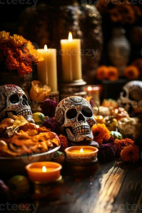 auténtico altares con tradicional ofrendas día de el muerto antecedentes con vacío espacio para texto Dia De Los Muertos Party Ideas, Creepy Food, Mexican Halloween, Dia De Los Muertos Decorations Ideas, Day Of The Dead Party, Halloween Resources, Cemetery Decorations, All Souls Day, Autumn Magic