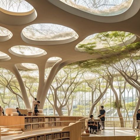 Open Library Architecture, Amazing Library Design, Light Weight Architecture, Inspiration From Nature In Architecture, Garden Library Architecture, Library In Nature, Library Design Ideas Architecture, Library Courtyard Design, Natural Library Design