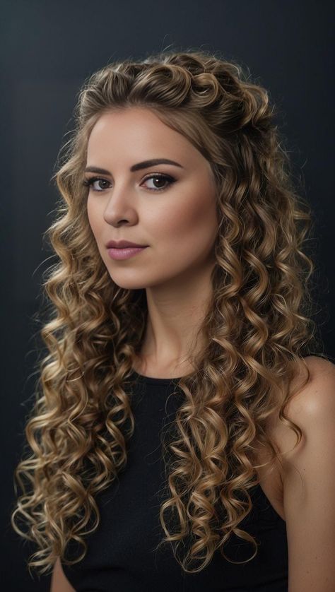 Hairstyle With Curls Wedding, Elegant Curled Hair, Brid Hair Styles, Curly Hairstyles Elegant Wedding, Natural Curls Wedding Hair Half Up, Long Curly Half Up Half Down, Hairstyles Half Up Half Down Curly, Curly Hairstyle For Wedding, Long Curly Wedding Hairstyles