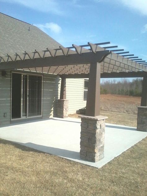 brick around the pergola pillars. Could we do this for a free standing pergola next to garage for more covered parking? Patio Extension, Concrete Patios, Pergola Ideas, Outdoor Patio Designs, Building A Pergola, Pergola Attached To House, Pergola Design, Pergola Canopy, Wooden Pergola