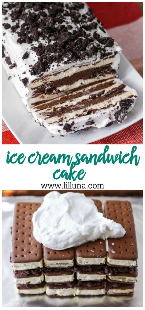 Ice Cream Sandwich Cake Recipe, Cream Sandwich Cake, Ice Cream Sandwich Cake, Ice Cream Cake Recipe, Crushed Oreos, Brownie Desserts, Sandwich Cake, Ice Cream Sandwiches, Chocolate Sandwich