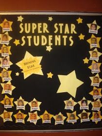 Teacher blog Students Of The Month Bulletin Board, Cinema Theme Classroom, Star Student Bulletin Board Ideas, Star Of The Week Ideas, Student Of The Month Bulletin Board, Star Student Board, Ptm Board Decoration, Star Themed Classroom, Star Bulletin Boards