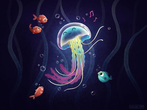 Dancing Jellyfish by Julia Ezhova on Dribbble Jellyfish Illustration, Ocean Drawing, Jellyfish Drawing, Jellyfish Design, Dancing Drawings, Jellyfish Art, Beach Illustration, Illustration Character, Zentangle Art